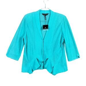 MING WANG Sweater Jacket NWT NEW Aqua Opal Blue sz L $280 Knit Luxury Old Money